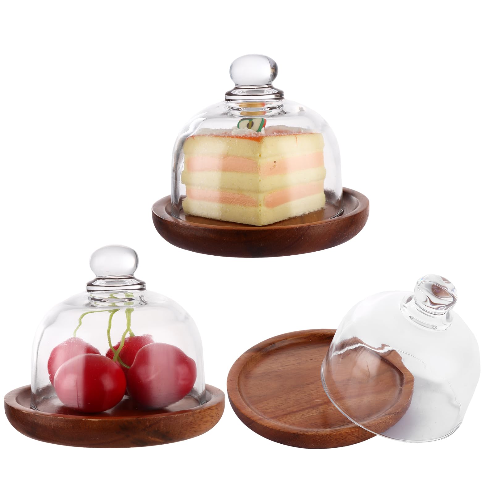 LOPYXBR 3PCS Mini Cake Stand with Dome Lid Glass, 10.4 x 9 cm Wooden Cake Stand with Glass Cake Dome Small Cakes Display Stands with Glasses Domes Cover for Birthday Party Wedding Kitchen