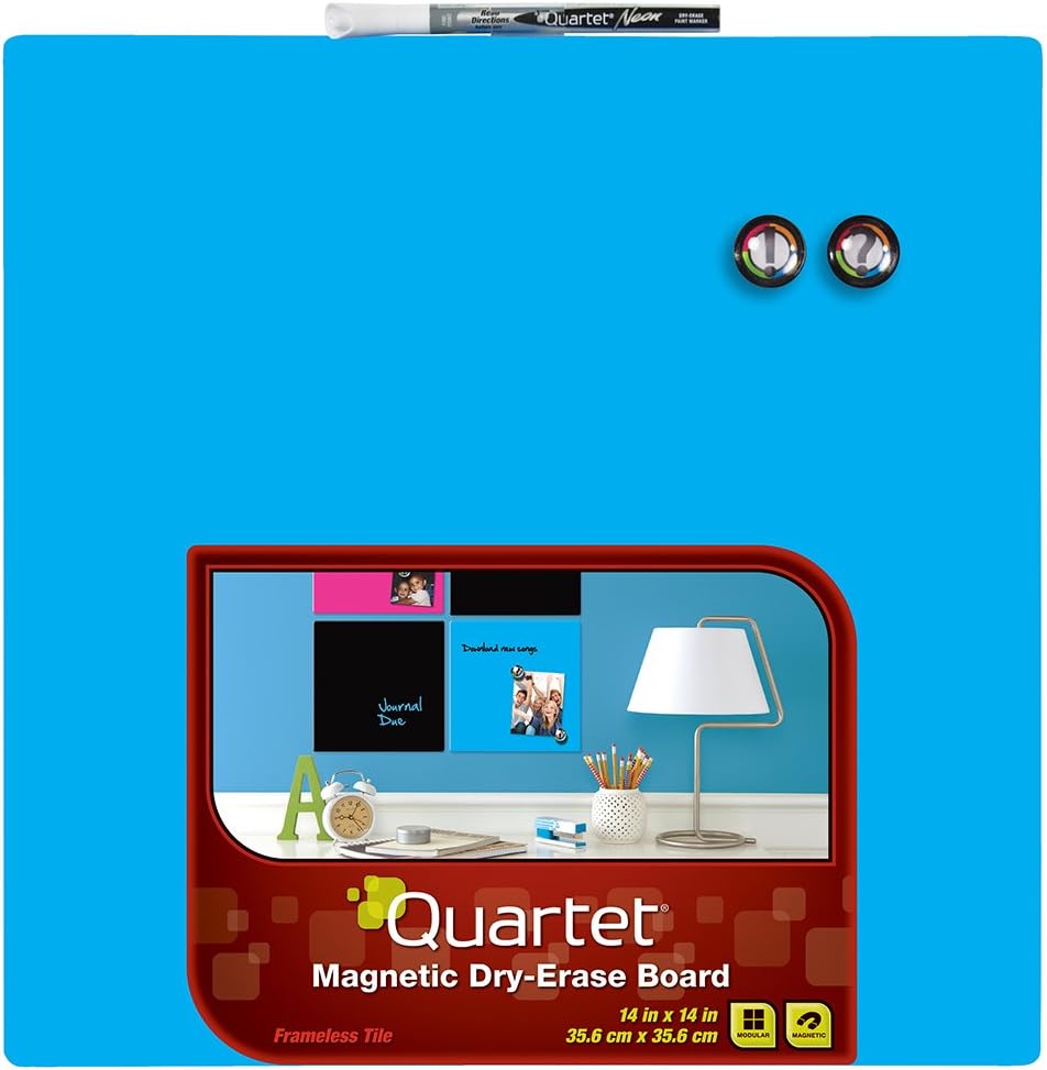 Quartet Whiteboard Tile, 14" x 14" Dry Erase Board, White Board, Frameless, Neon Blue Surface (85471-BU)