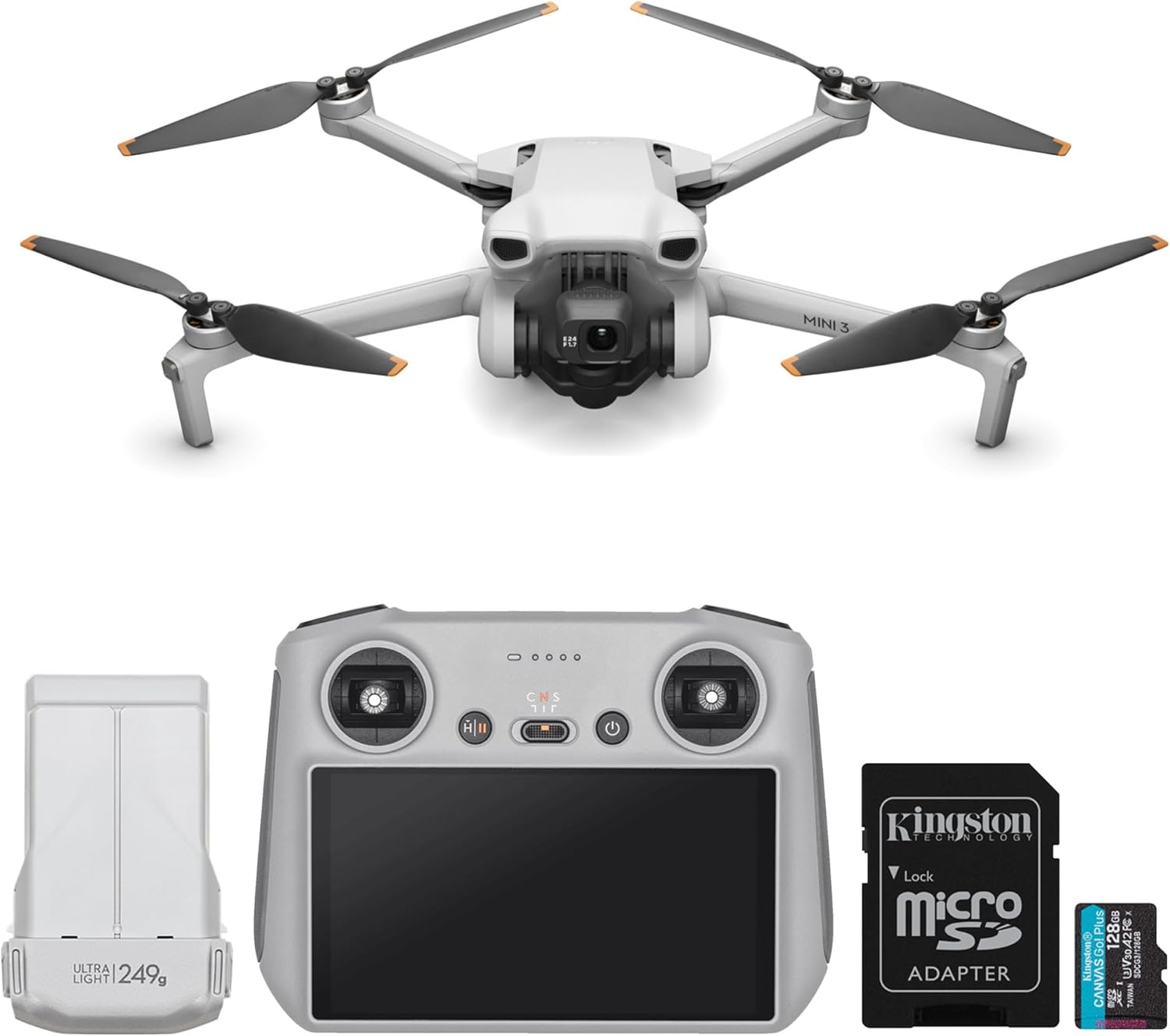 DJI Mini 3 Quadcopter Drone with DJI RC Remote Controller and 128GB Memory Card- Lightweight and Foldable Mini Camera Drone with 4K HDR Video, True Vertical Shooting (2 Items)