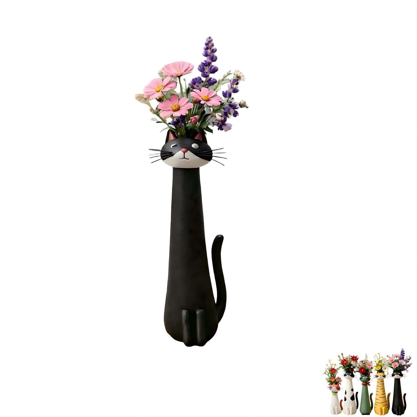 Handcrafted Quirky Cat Vase, Cute Resin Whimsical Cat Flower Vase, Decorative Cute Resin Cat Flower Vases for Desk, Bookshelf, Garden & Living Room Decor (Orange and White)