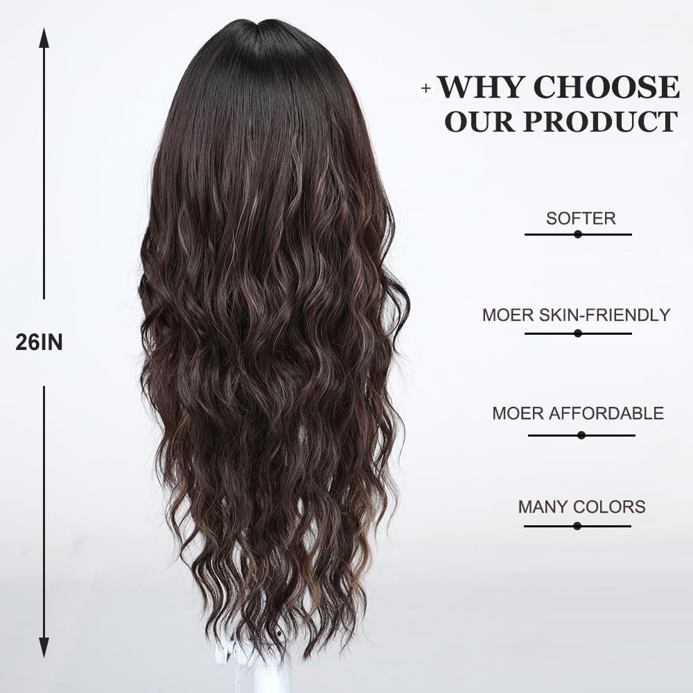 Esmee Long Wavy Brown with Highlight Wigs for Women with Fringe Natural Synthetic Hair Wig for Daily & Party Use - Image 4