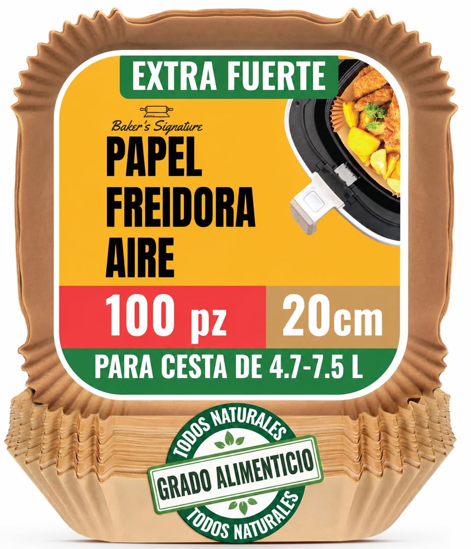 Baker's Signature Papel para Freidora de Aire, 100 Piezas - Hojas Cuadradas da Papel para Air Fryer de 20cm para Cestas de 5.5-9 L, Horno, Sartenes - Cocina da Air Fryer Accesorios, Fácil Limpiar