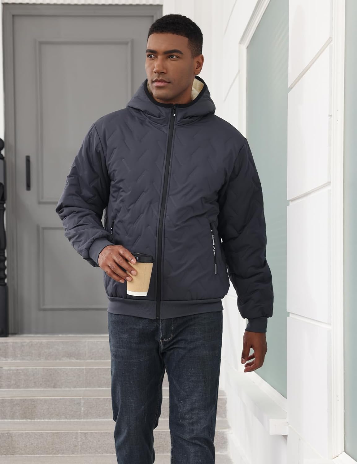 TIHEEN Men's Zip Up Fleece Jacket with Hood,Sherpa Lined Warm Winter Coat Waterproof Windproof Outdoor Hiking - Image 6