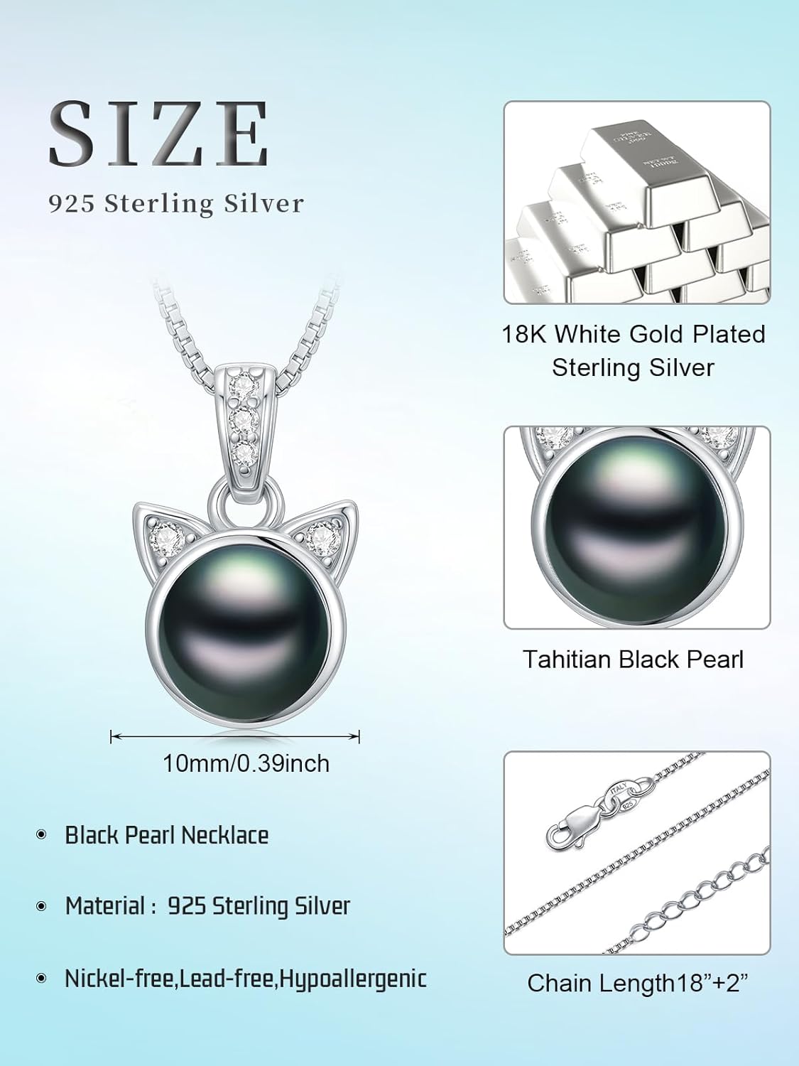 Tahitian Black Pearl AAAA18K White Gold Plated Sterling Silver Cat Pendant Necklace for Women Wife Mom Girlfriend Valentine Her Jewelry Gift for Mother Day Anniversary Birthday - Image 6