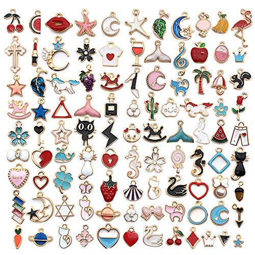 Bearals 100 Pieces Assorted Gold Plated Enamel Pendants, Necklace Bracelet Charms for DIY Jewelry Making and Crafting