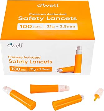 OWELL Safety Lancets 21G x 2.5mm 100 Count | Extra Blood Flow for Thick Skin | Sterile, Preloaded, Medical-Grade, Pressure Activated for Diabetic Glucose Testing