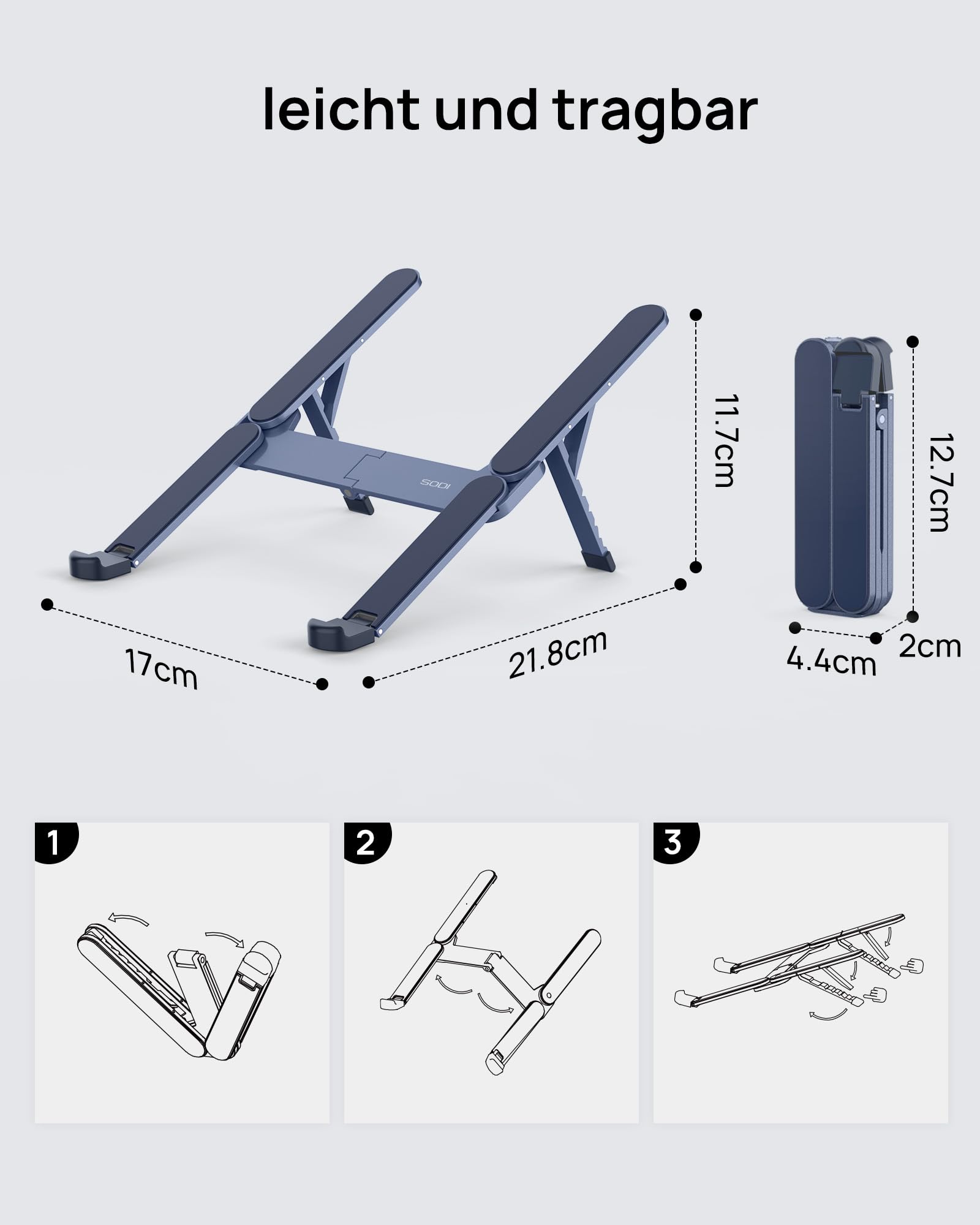 SODI Supporto pieghevole in alluminio per computer portatile, regolabile in altezza, ventilato, per MacBook Pro/Air, HP, Sony, Dell, tutti i laptop da 10 a 16 pollici,Blau