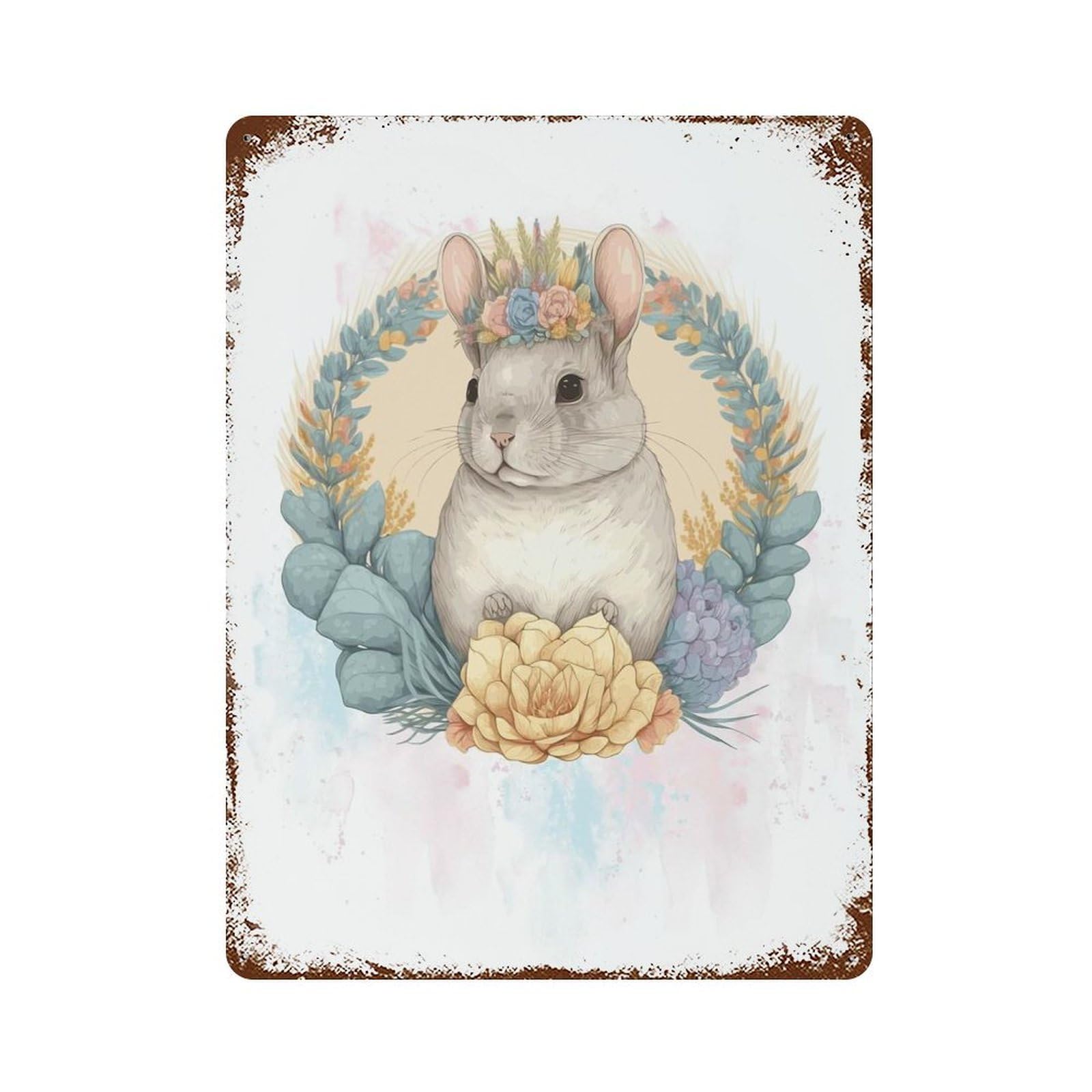 Rust Effect Cute Watercolor Chinchilla Distressed Metal Wall Sign 15.7"x11.8", Shabby Chic Decor for Pub, Kitchen And Man Cave Decor