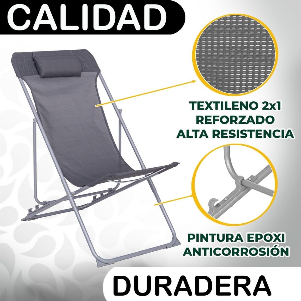 LOLAhome 2 sillas Camping jardín y terraza Plegables Cierre Tijera de Acero con Epoxi anticorrosión y textileno Reforzado Grises