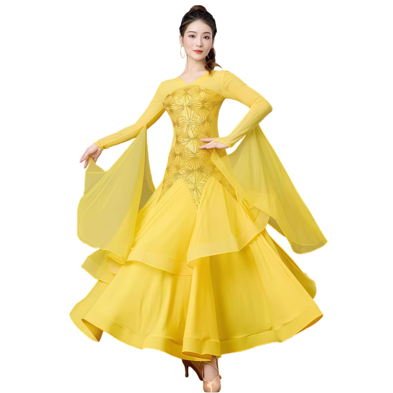 Damen Standard Ballroom Tanzkleid, Langarm Elegantes Tanzkleid Mit Strass Und Fließendem Rock, Farbverlauf Tanzkleid Für Walzer Tango Foxtrott Training Und Turnier
