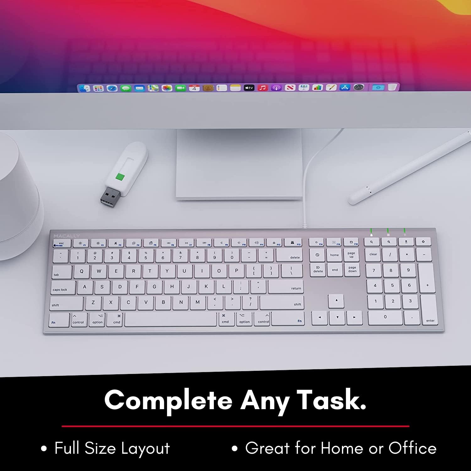 Macally Ultra Slim USB Wired Computer Keyboard - Compatible Apple Keyboard or Windows - Full Size Keyboard with 20 Mac Keyboard Keys - Low Profile Keyboard for iMac Desktop, Macbook Pro/Air