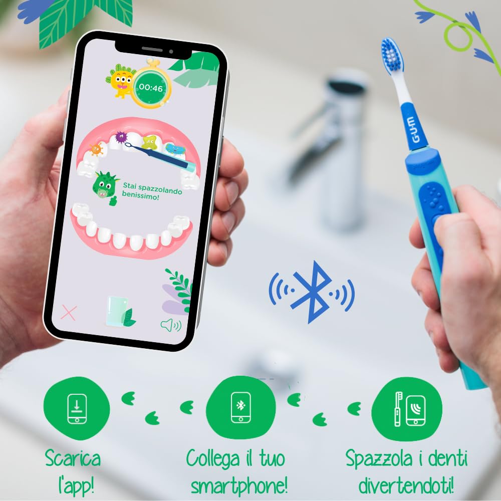 GUM Playbrush JUNIOR 6+ spazzolino elettrico | app di gioco interattiva | 2 modalità di spazzolamento | setole extra morbide | batteria a 8 settimane | 1x spazzolino sonico | 2 testine extra | Blu