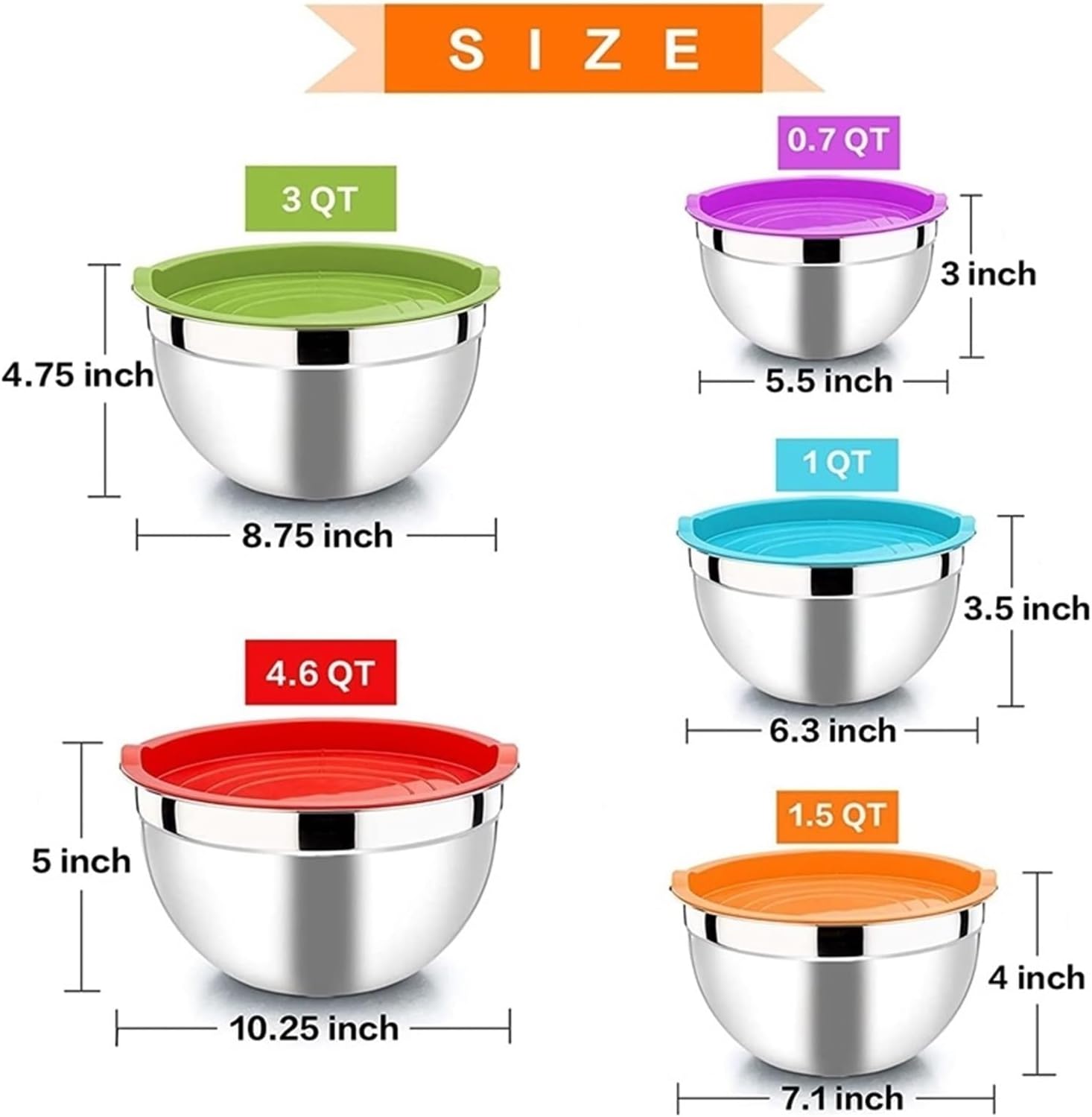 Mixing Bowl, with Lid Set of 5 Stainless Steel Nesting Salad Bowl Set for Prepping Mixing and Serving for Kitchen Cooking Baking