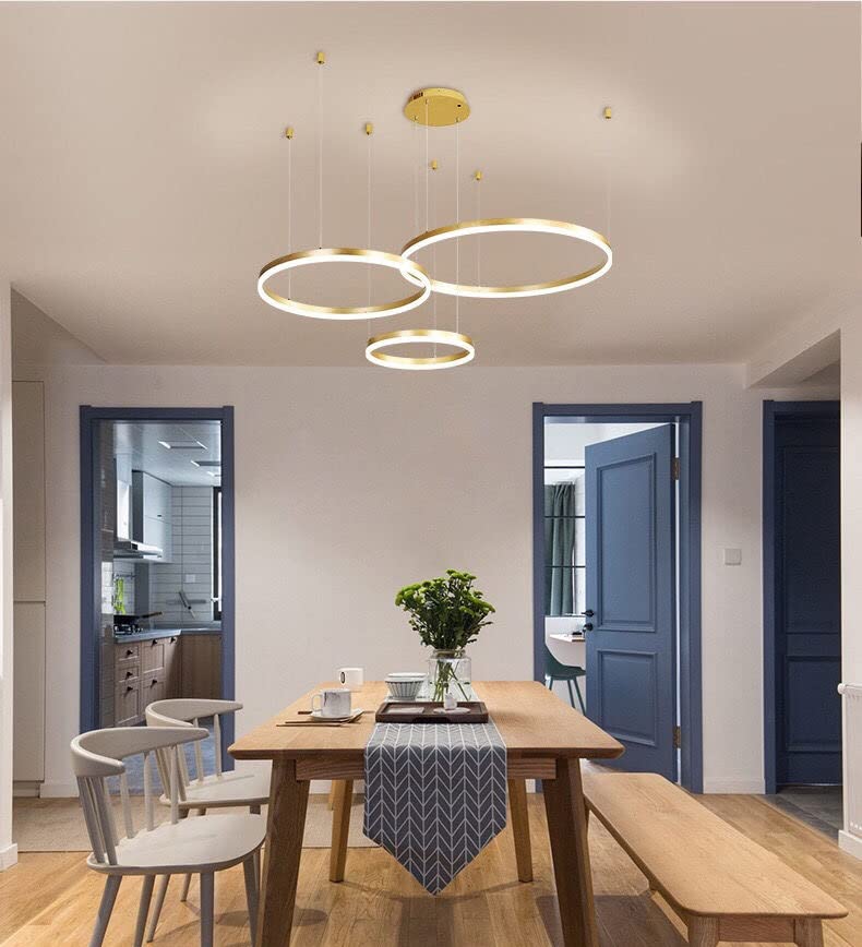 Wandun Moderne LED Pendelleuchte Mit 3 Ringen – Dimmbar, Verstellbar, In Gold, 68W, Mit Fernbedienung