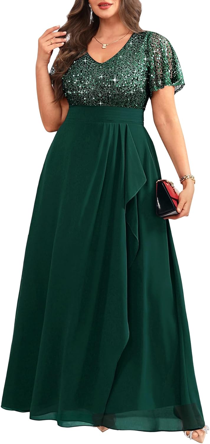 Pinup Fashion Women Plus Size Formal Dresses - Sequin Evening Gowns Wedding Guest Prom Long Dress