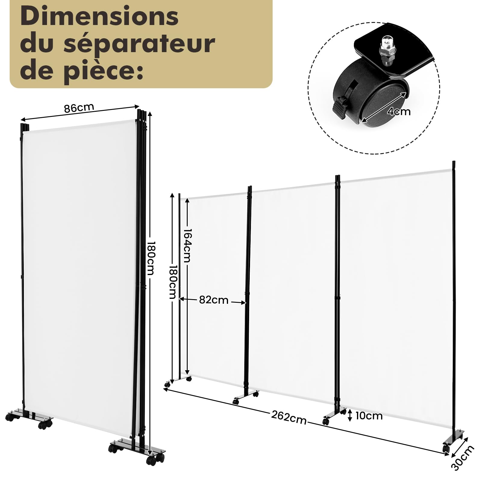 GIANTEX Paravent de séparation intérieur sur roulettes - 3 pièces - 262 x 180 cm - Paravent Pliable - Mur Espagnol autoportant avec Pieds Larges - Cloison en Tissu - Protection privée (Blanc)