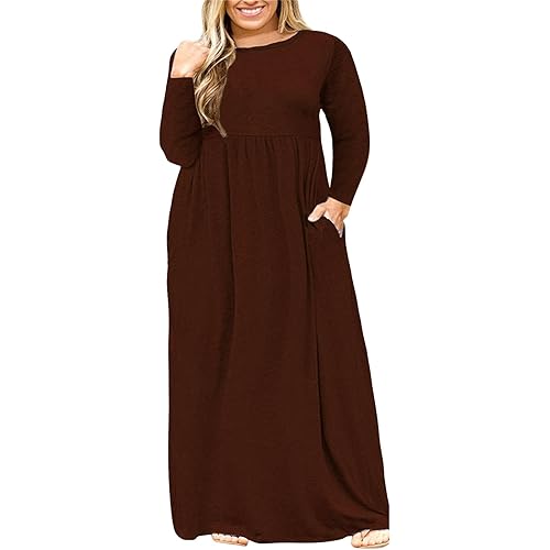 Nemidor Plus Size Maxi Dress for Curvy Women Fall Casual Loose Long Sleeve Dresses with Pocket 14-26