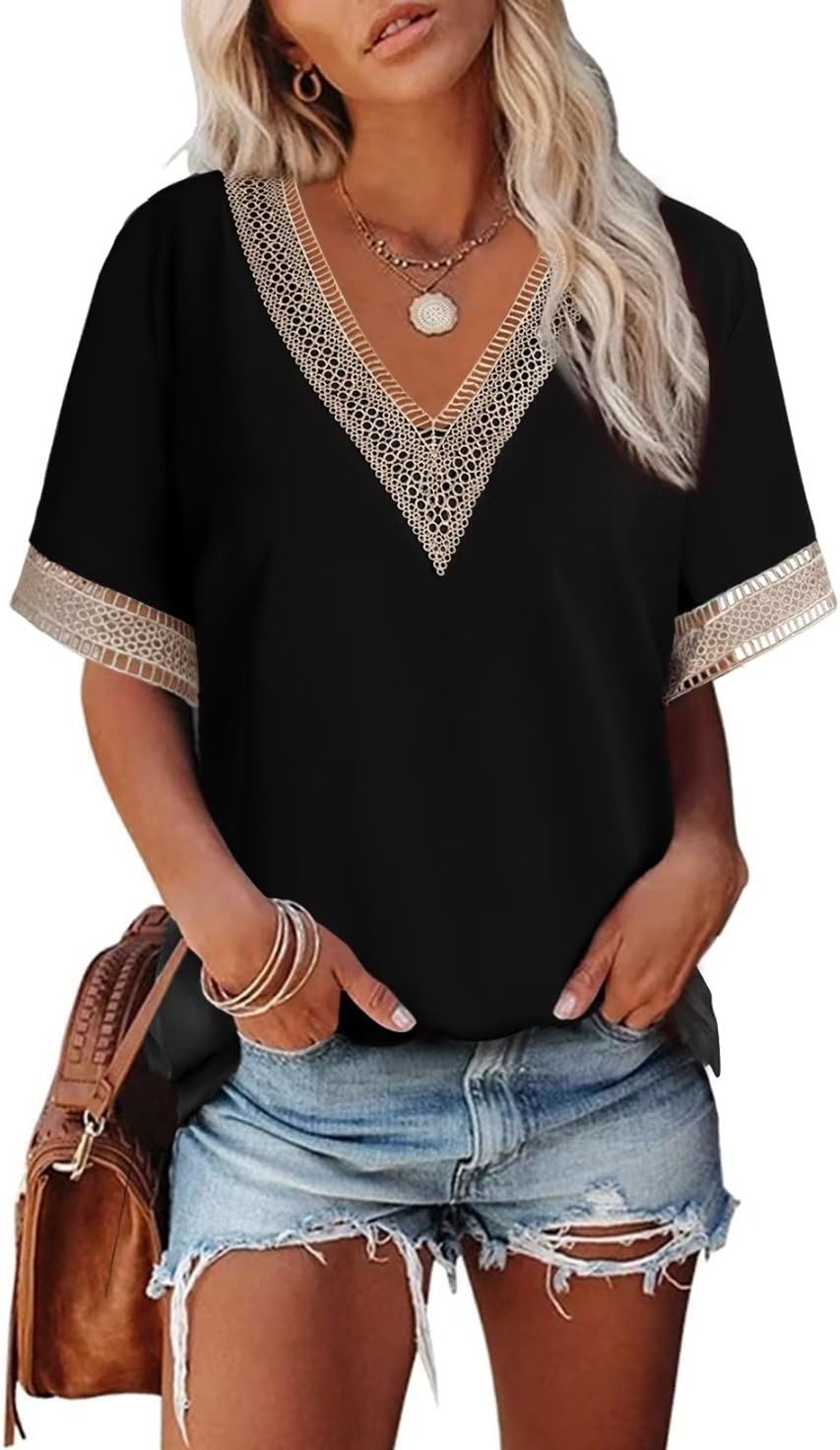 GOSOPIN Women Summer V Neck Blouses Bell Sleeve Tops Lace Crochet Shirts Ladies S-2XL