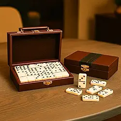Dominó Premium De Osso Pedras Grandes 28 Peças Maleta Couro