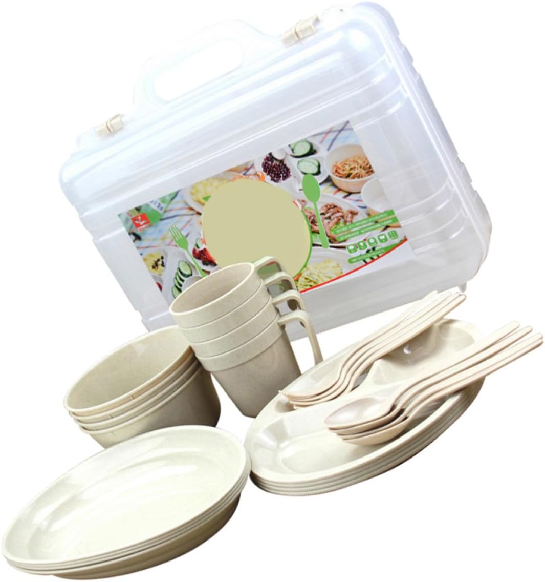 Portable Plastic Camping Tableware Set 24pcs Including Bowls Plates Cups Forks and Spoons for Outdoor Trips and Picnics, Extremely Safe and Easy to Use with Good Texture