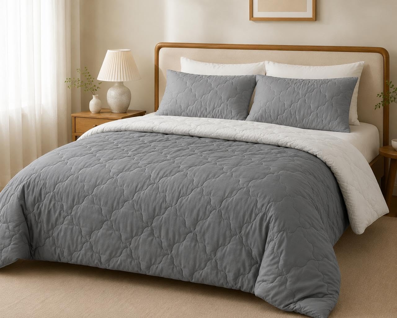 Puffy Reversible Quilted Comforter, Pearl Grey and Ash Grey | Diamond Quilt Pattern, Dual-Tone Design, Soft Filled Comforter, Bedroom Decor-image-25