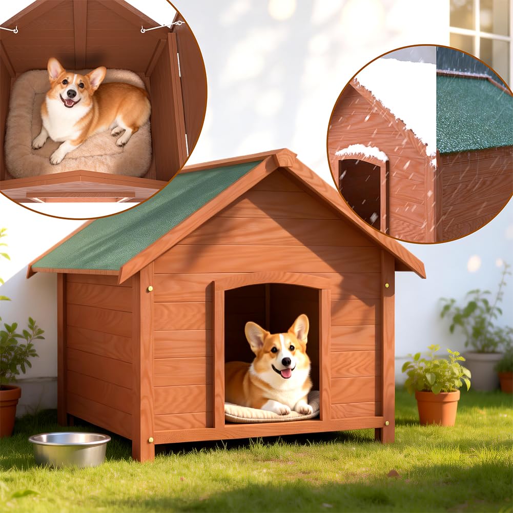 BAKAJI Cuccia per Animali Domestici in Legno, Casetta per Cani e Gatti con Tetto Spiovente Apribile, Casa da Esterno e Interno Resistente Intemperie e Agenti Atmosferici, Tettoia Asfaltata, 89x84x76cm