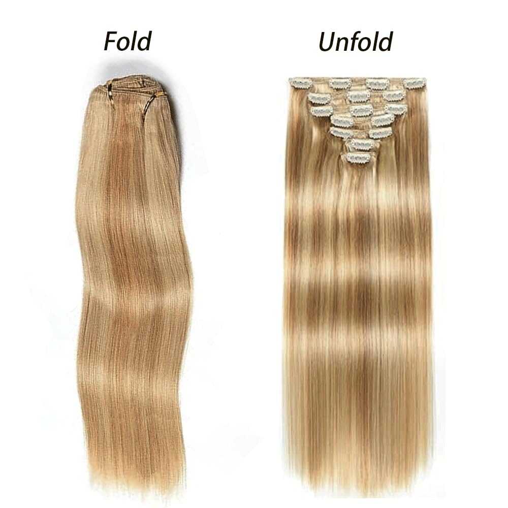 Extension con clip dritte in capelli umani, extension con clip invisibili P27/613, bionda 120 g, 7 pezzi per confezione da donna