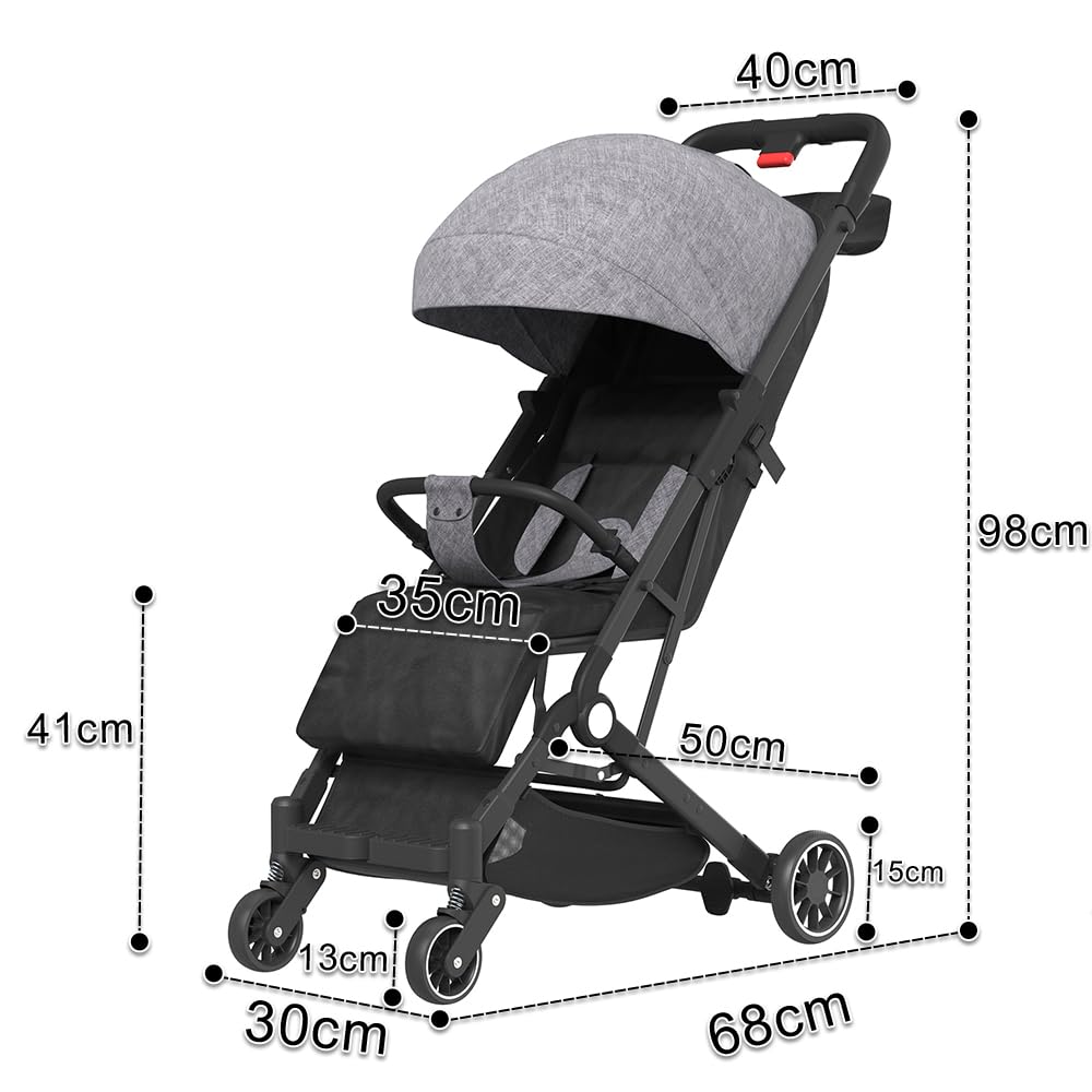 Homewell Kompaktowy wózek dziecięcy 15 kg, pozycja leżąca, ultra kompaktowy składany jedną ręką, 5-punktowa uprząż, wysuwany kaptur (szary)