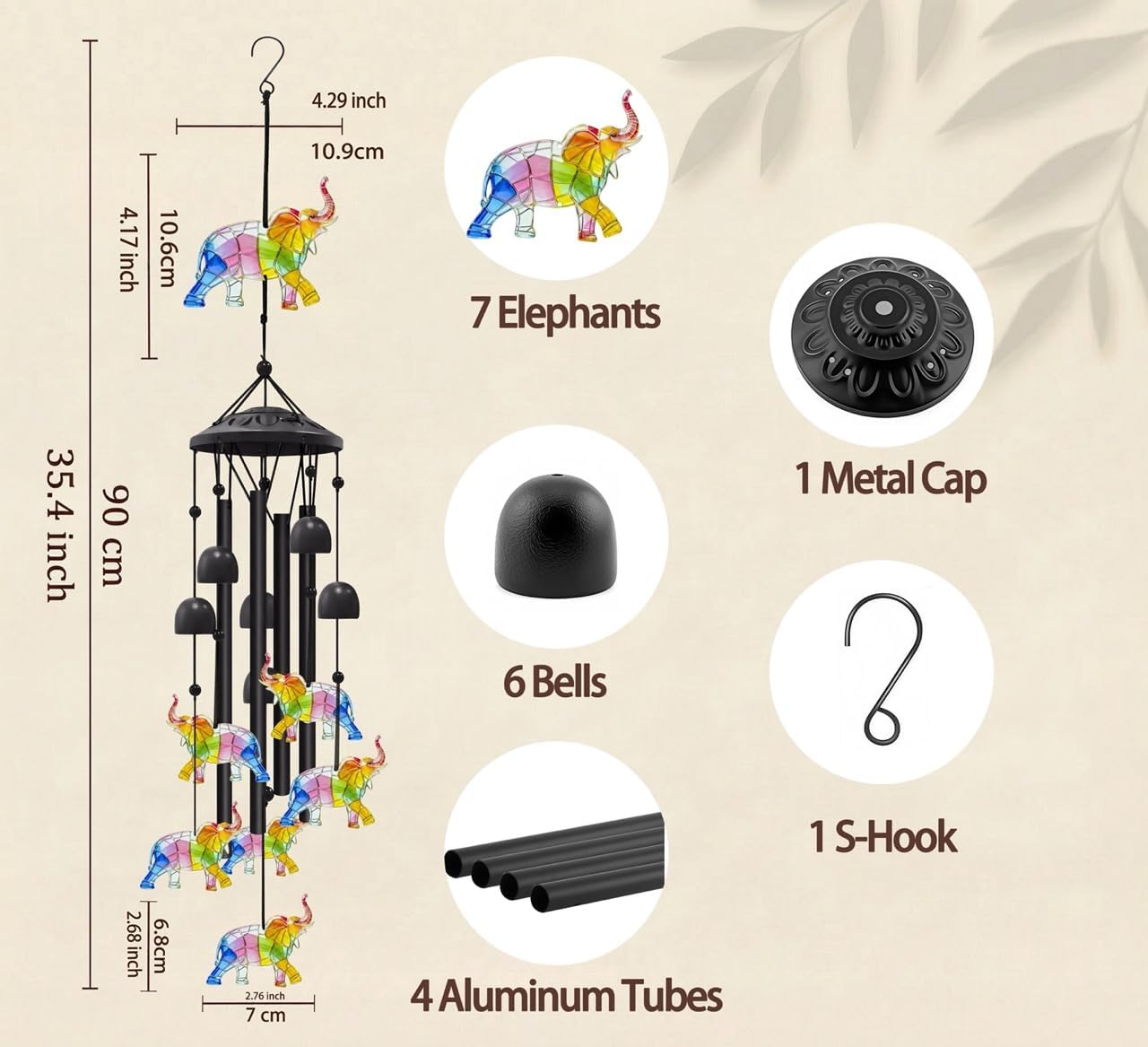 35.4" Elephant Wind Chimes for Outside, Metal Windchimes, Elephants Wind Chime Garden Decor, Mothers Day Birthday Memorial Gifts for Mom Grandma Wife, Durable Outdoors Decor