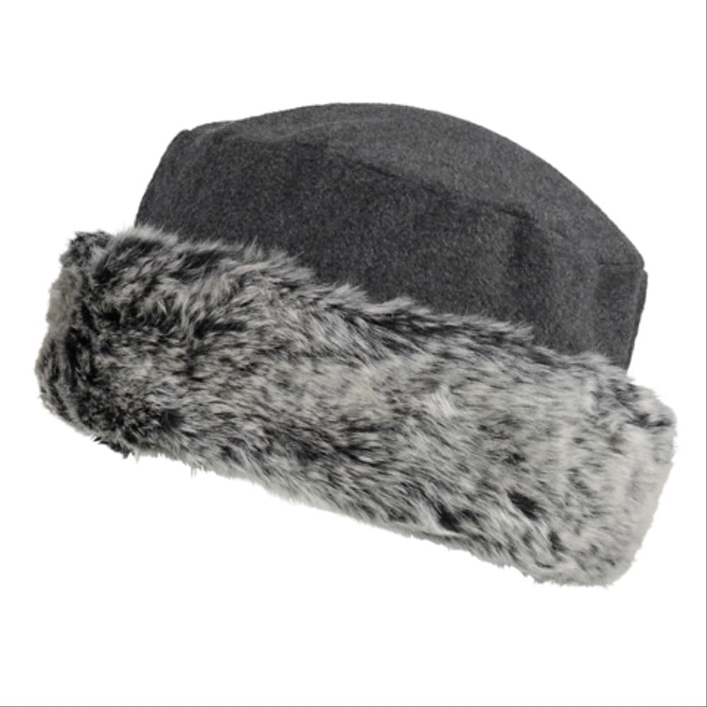 MAGGNA Ladies Winter Cossack Pull-On Hat with Faux Fur Trim (Grey)