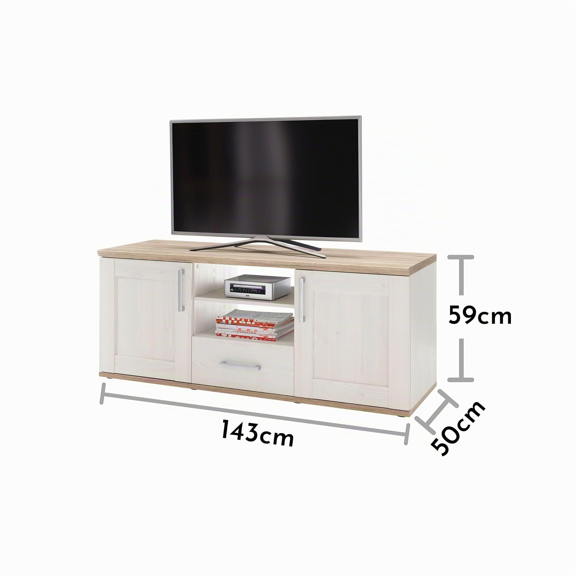 Romance TV-Lowboard in Sibiu Lärche, Eiche San Remo Optik - TV Schrank im Landhausstil mit viel Stauraum für Ihr Wohnzimmer - 143 x 59 x 50 cm (B/H/T)