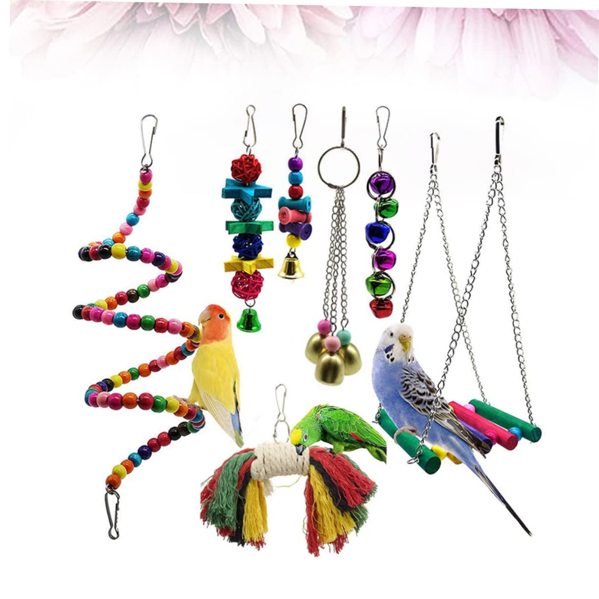 FRCOLOR Columpio de juguete para animales, 21 piezas, columpio de madera, suministros para loro, columpio, juguetes para jaulas de pájaros, juguetes para mascotas, ajuste giratorio de madera de bambú
