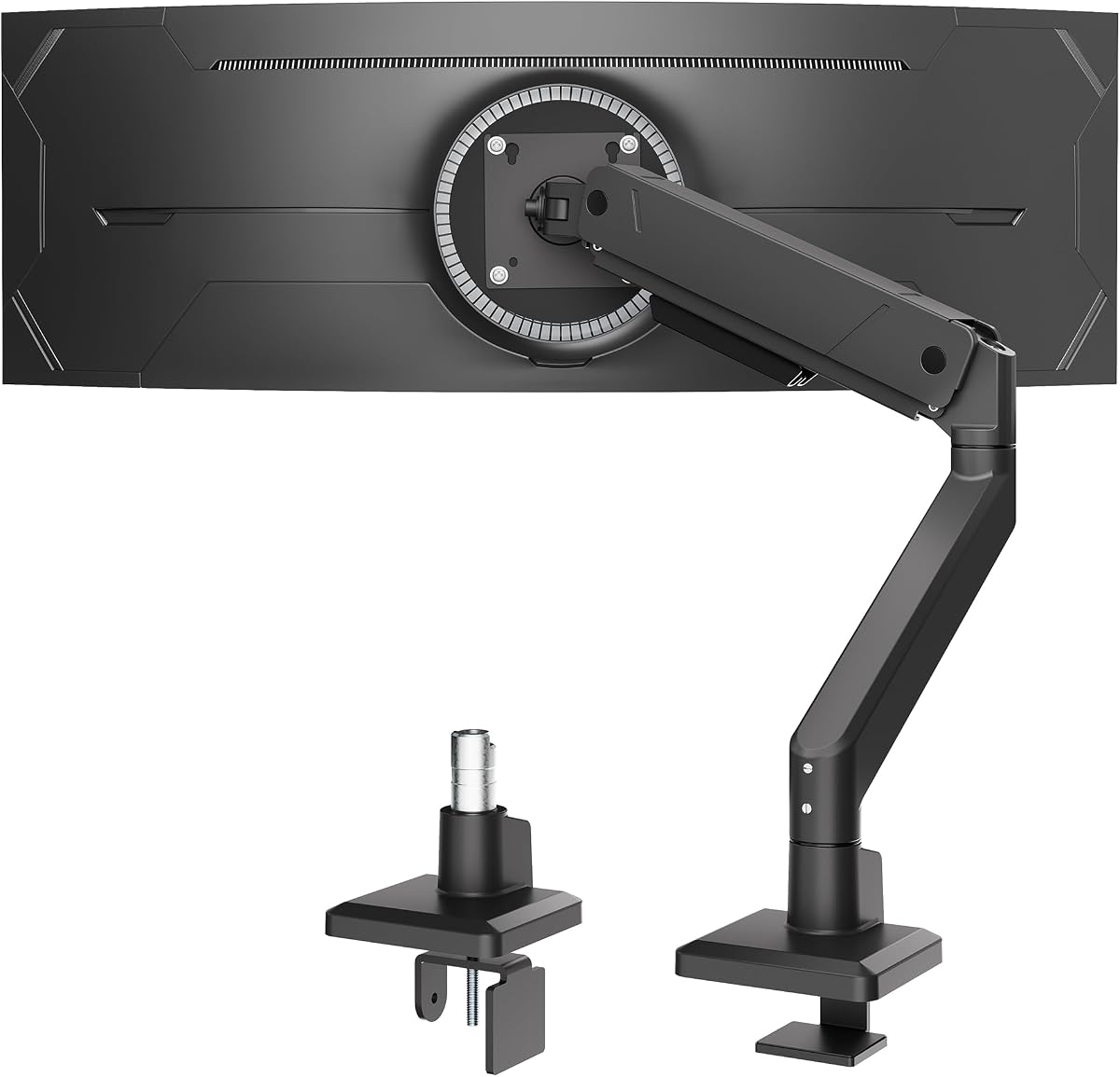 Brazo de monitor único para pantallas ultraanchas de hasta 45 pulgadas, soporta 35 libras | Soporte de escritorio para monitor ajustable con abrazadera en C/soporte de escritorio con ojal, gestión de cables, VESA 75/100 mm, negro