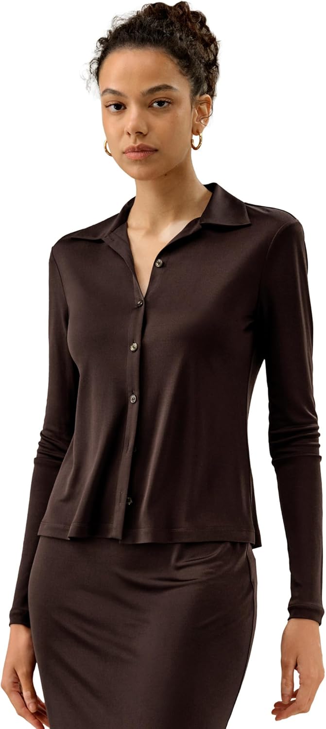 LilySilk 100% Silk Jersey Shirt for Women Basic Slim Silk Knit Stretchable Long Sleeve Button Front