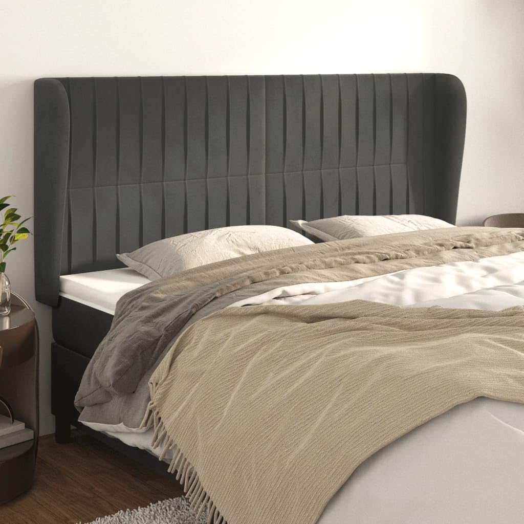 Cabecero Orejero Gris Oscuro 163x118/128cm Patas Madera Regulables en Altura Diseño Moderno Dormitorio Respaldo