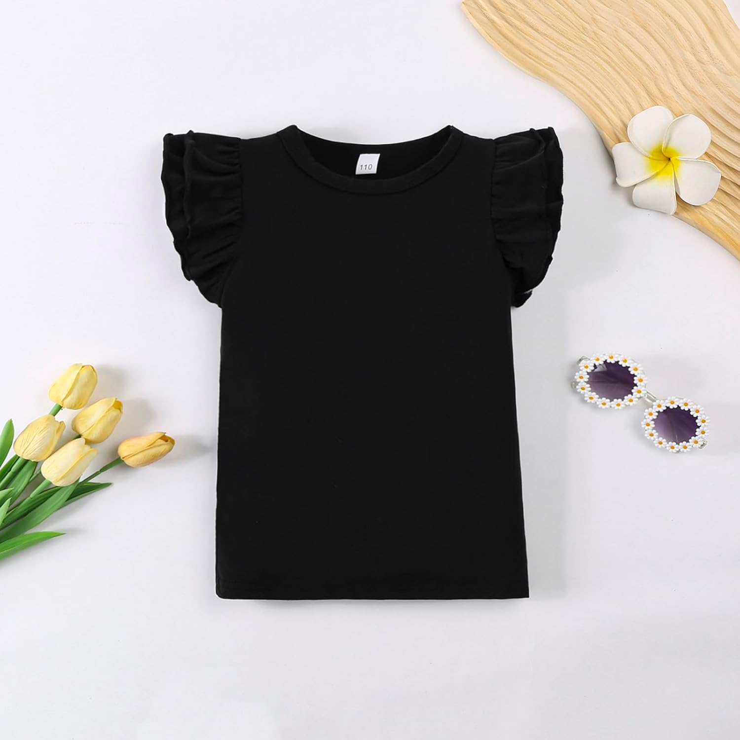 12M-7Y Toddler Baby Girls Ruffle Round Neck Blouse Kids Girl Solid Color Short T-Shirts Casual Tee Tops Bottom - Image 3