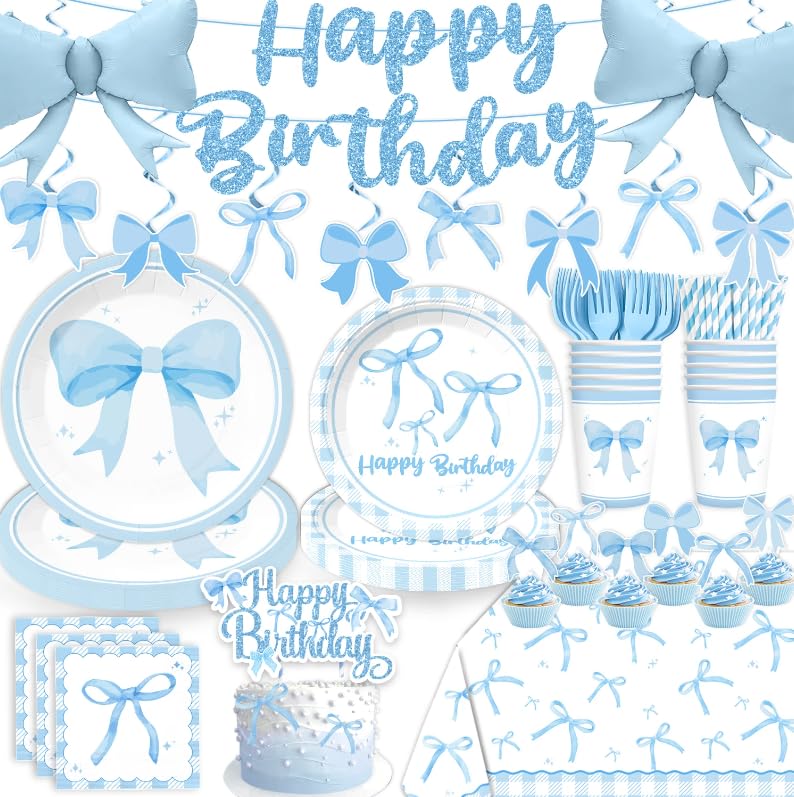Blue Bow Birthday Decorations, Coquette Party Decorations Light Blue and White Banner Foil Balloons Plates and Napkins Cake Toppers Tablecloth for