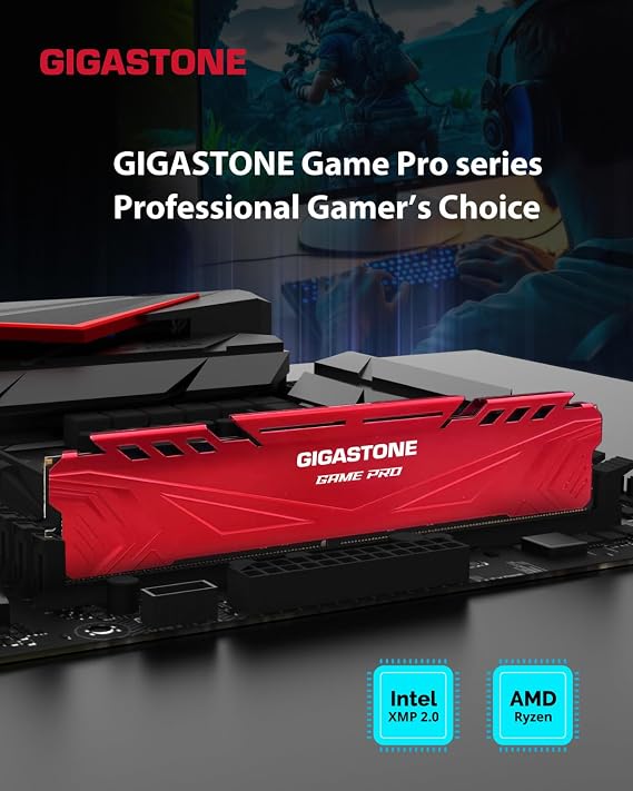 DDR4 RAM GIGASTONE Game PRO 64GB Kit (4x16GB) DDR4 3200MHz PC4-25600 CL 16-18-18-40 Intel XMP 2.0 AMD Ryzen 1.35V UDIMM 288 Pin Unbuffered Non ECC High Performance Gaming Desktop Memory - Red