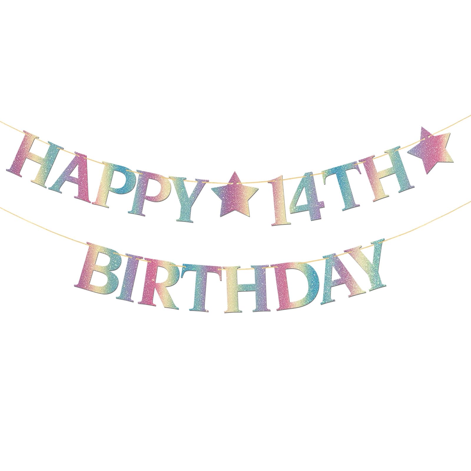 Happy 14th Birthday Banner Colorful - Teen Boy Girl 14th Birthday Party Banner Garland Supplies - Perfect Fourteen Bday Gifts - Cheers to 14 Years Party Decorations - Rainbow Color Glitter — image 1