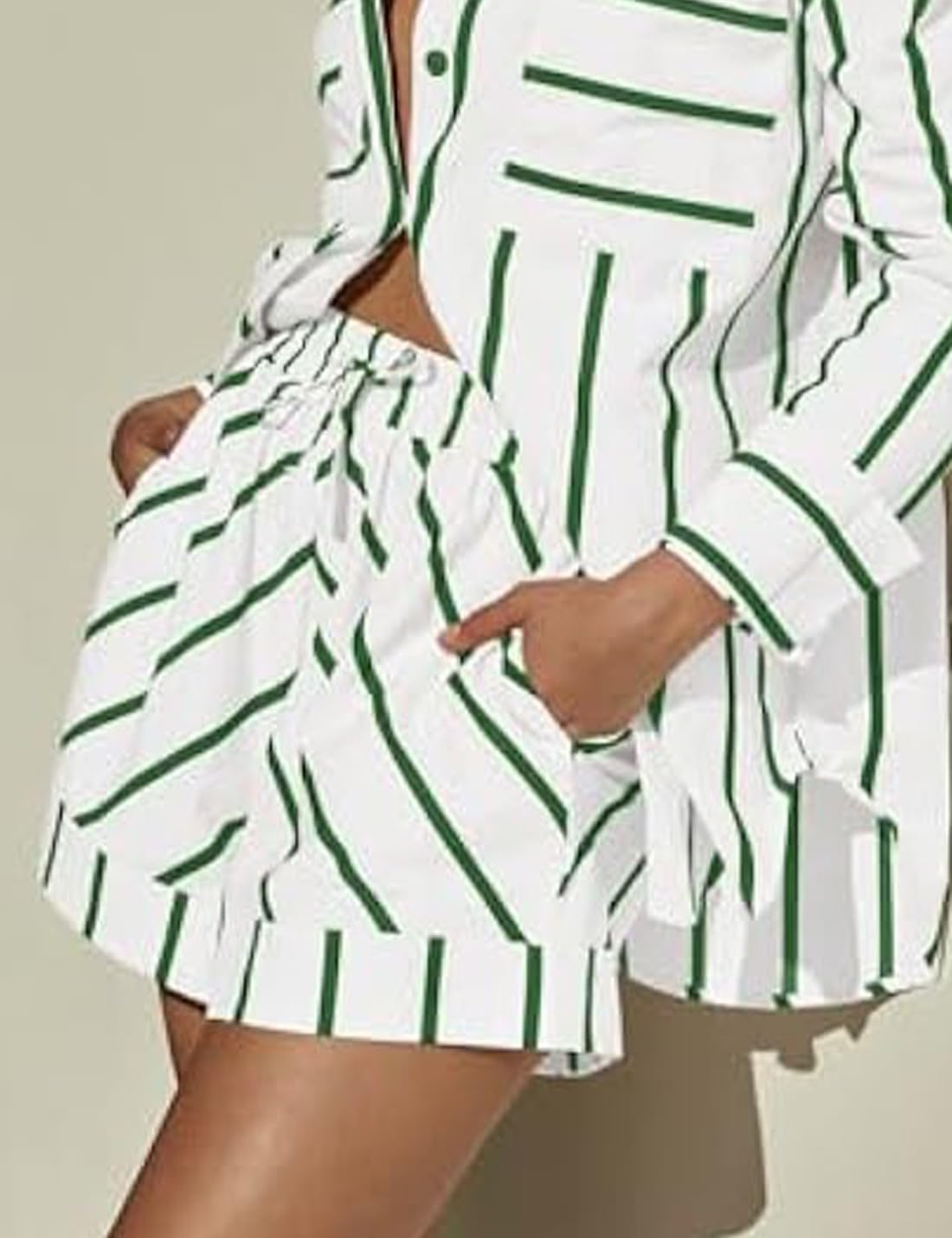 Women's Striped 2 Piece Outfits Casual Button Down Shirts and Shorts Drawstring Pajamas Lounge Matching Sets - Image 5