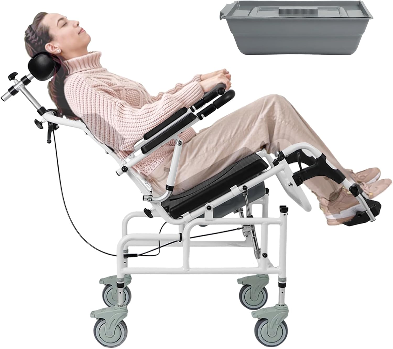 Eosprim Reclining Shower Chair with Wheels - Shower Wheelchair for Elderly and Disabled,Padded Transfer Rolling Chairs with Arms,Ultra-Wide Seat,Tilt 97-125° Shower Wheelchair with Commode,Black