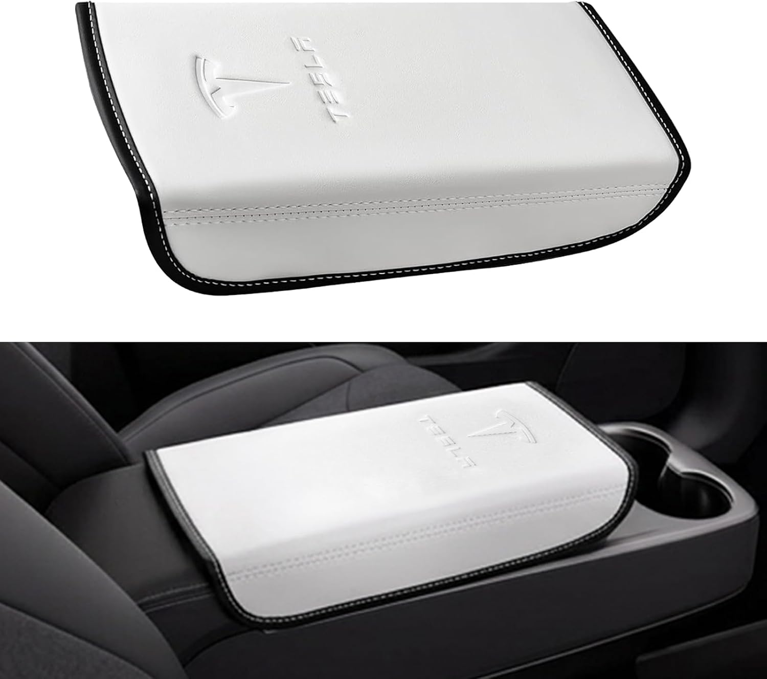 Center Console Armrest Cover for Tesla Model 3 2017-2023 & Model Y 2020-2025 with Embossed Logo& Key Card Holder | Scratch Resistant Interior Easy Install Accessories, White