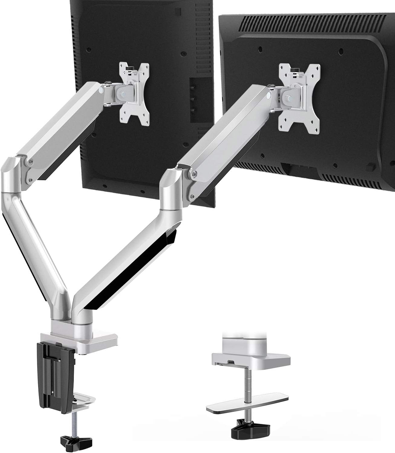 MOUNTUPDual Monitor Desk Mount, Die-Cast Aluminum Fully Adjustable Double Monitor Arm with Gas Spring, Computer Monitor Stand Fits 2 Screen 17 to 32 inch - Each Arm Holds 3.3-17.6LBS, MU0024