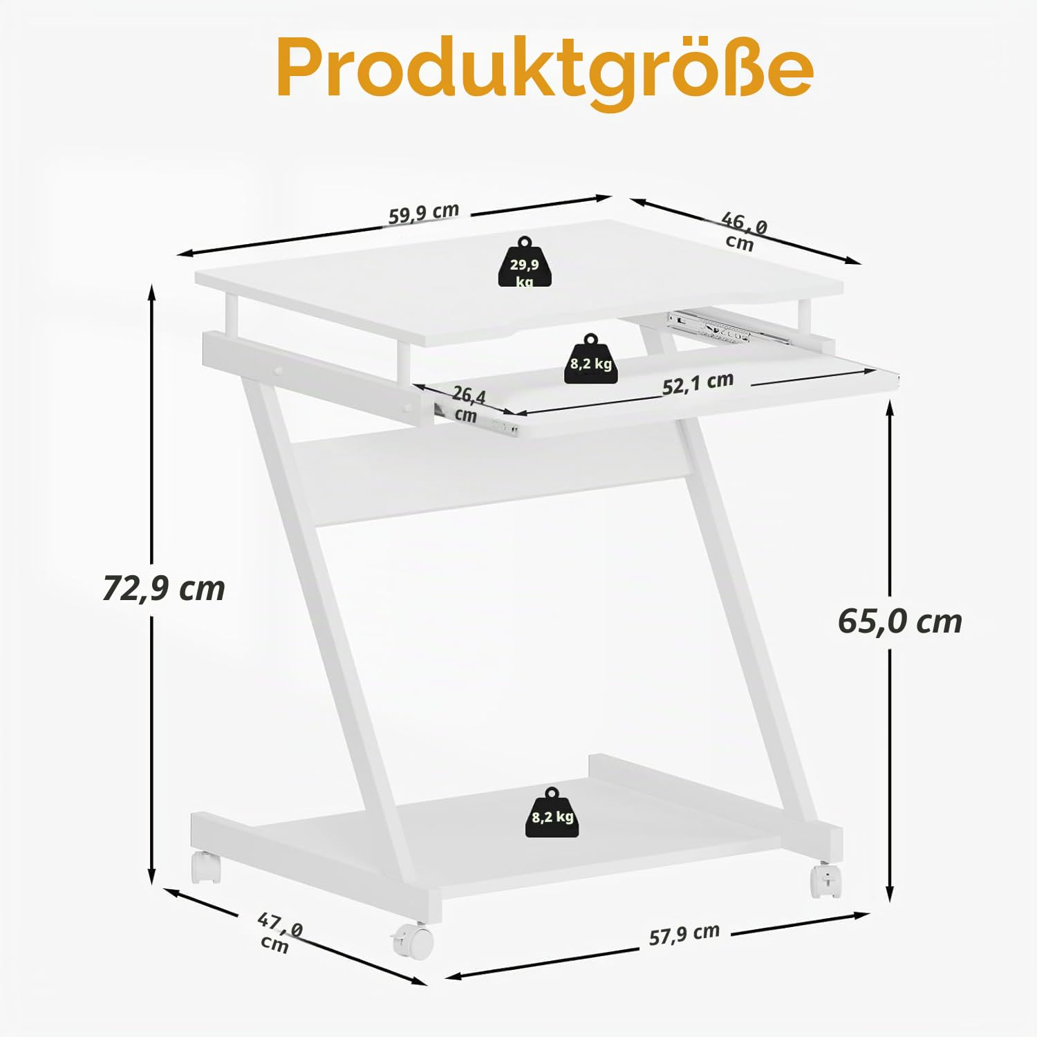 soges Schreibtisch Kleiner Computertisch Laptoptisch PC Tisch Z-Form mit Rollen und 2 Bremsen, Tastaturablage und CPU Ständer, 60 cm x 48 cm x 73 cm
