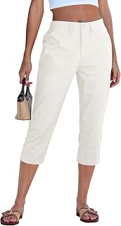 Capri Pants for Women High Waisted Relaxed Fit Elastic Waist Casual Capris Trousers Crop Chino Pants with Pocket