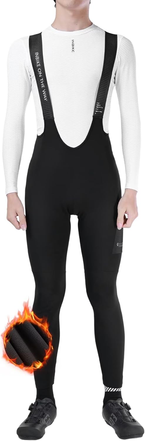 INBIKE 3D Padded Cycling Bib Pants for Men, Thermal Fleece Lined Road Bike Tights, Lightweight Bicycle Bibs Pants with Pocket