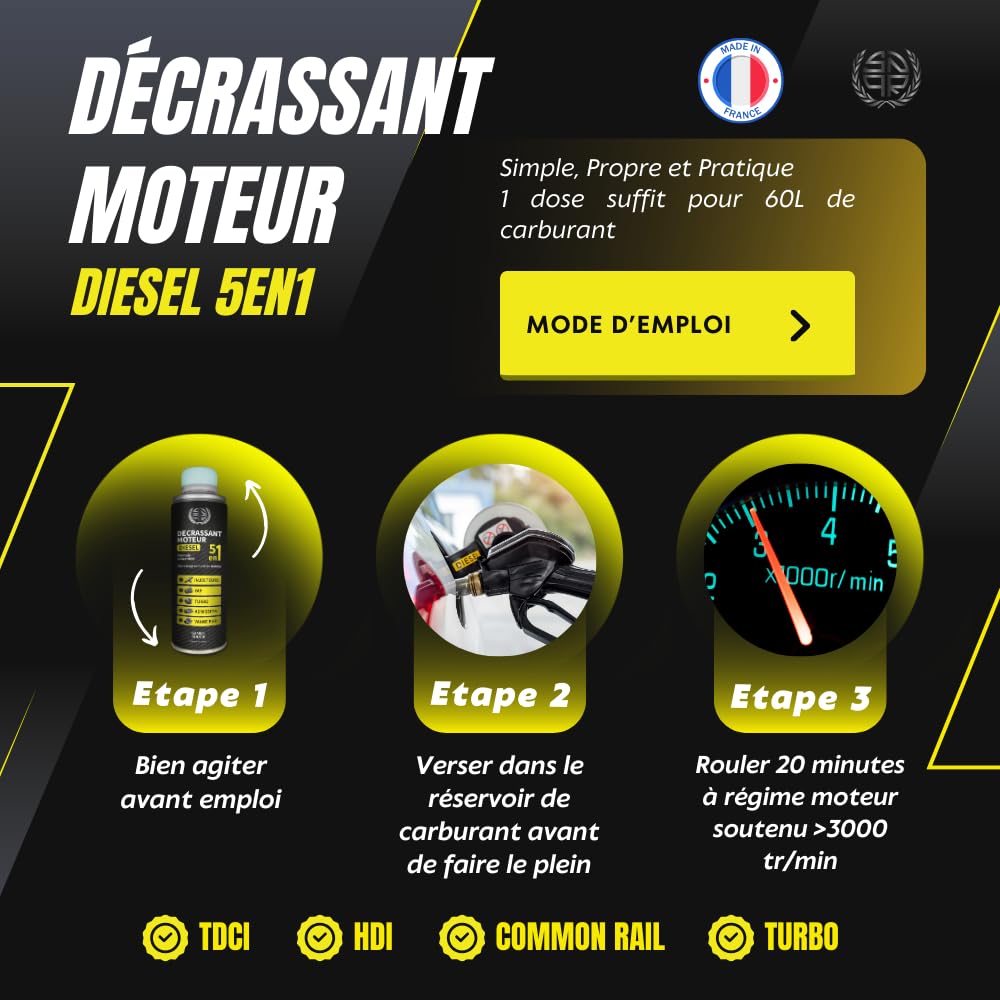 Décrassant Moteur Diesel 5en1 375mL Ultra concentré | Nettoyage Complet Injecteur, Turbo, FAP, EGR | Additif Diesel Décalaminant Moteur | Facilite Le CT | Utilisation Facile Résultat immédiat