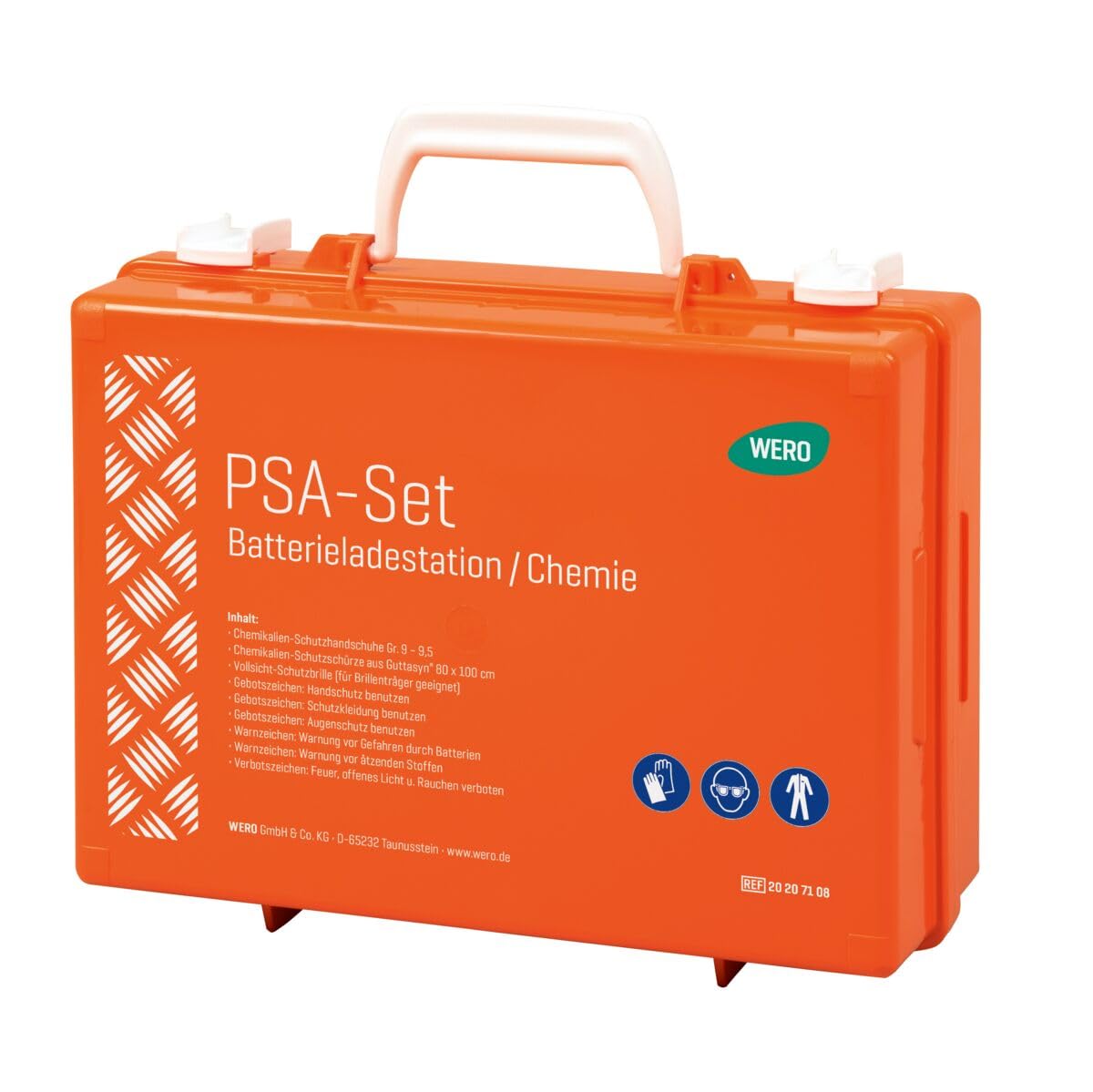 Werotop® 350 Erste-Hilfe-Koffer PSA-Set Batterieladestation/Chemie | mit Chemikalien-Schutzhandschuhen, Schutzschürze, Schutzbrille und Warn- und Gebotszeichen