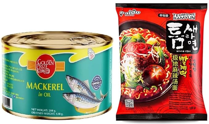 Golden Prize Mackerel in Oil, 200g and Paldo Teumsae Ramyun Noodles 120g, Combo Pack