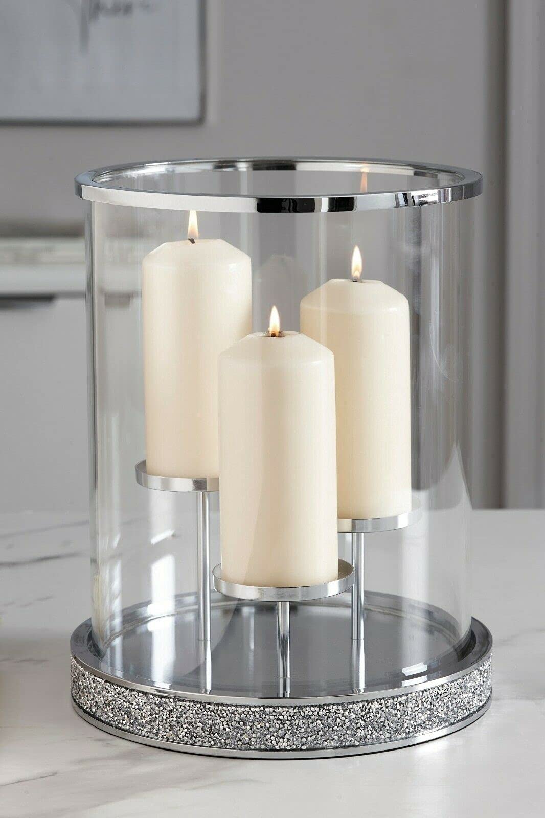 Biznest 3 Pillar Candle Holder Harper Gem Silver Glass Candle Centerpiece Hurricane 32Cm
